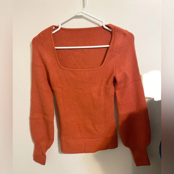 Sz S women’s ribbed square long sleeve puff pull over sweater brick red new - Picture 2 of 6